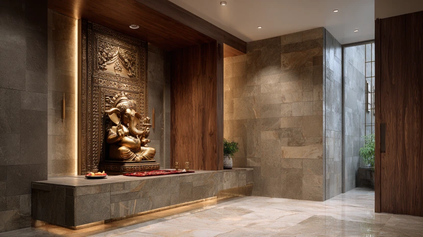 quartzite tiles offering a natural look for pooja room tile designs