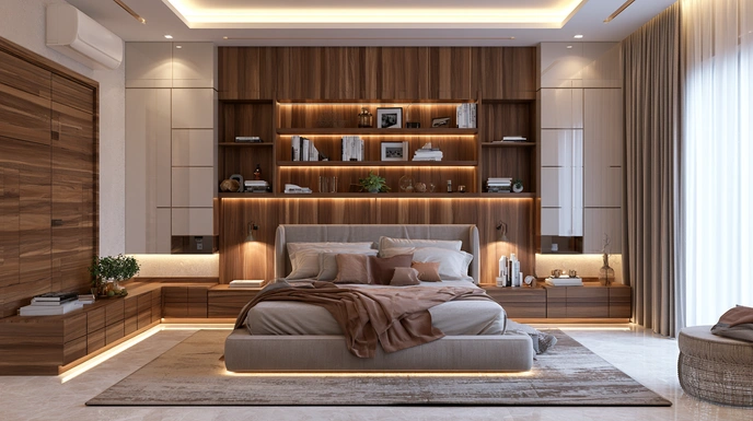 Queen guest bedroom with built-in storage wall and warm lighting.
