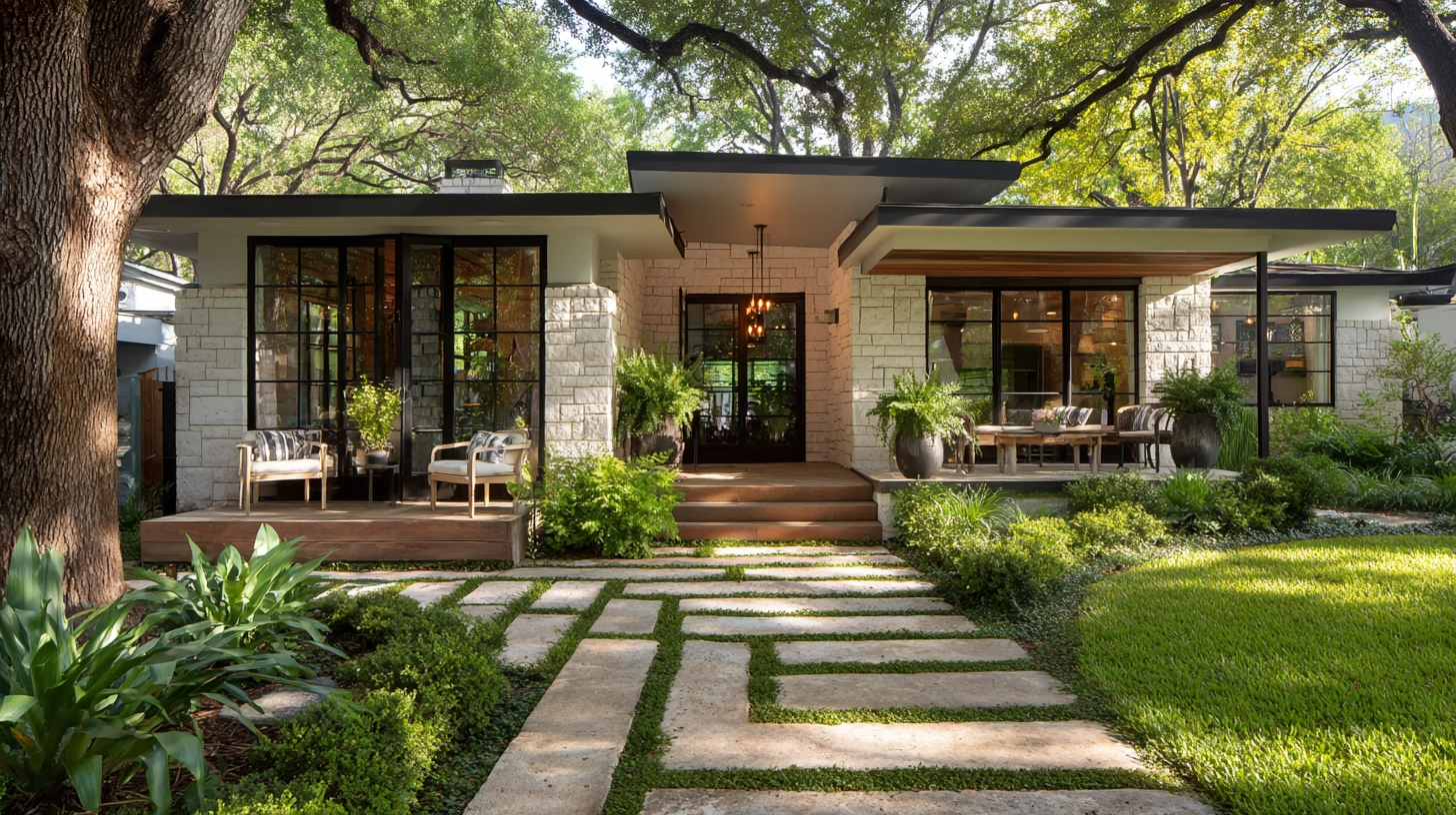 Glass porch with brick path and plants