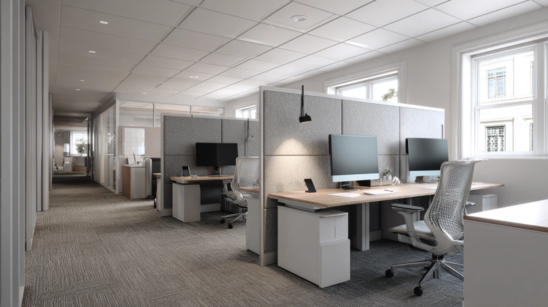Soundproof acoustic pods in a quiet office corner