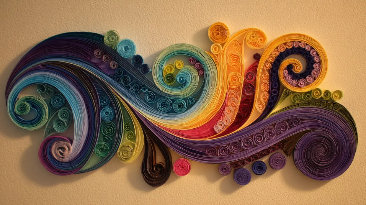 intricate quilled paper art with colorful rolled paper strips