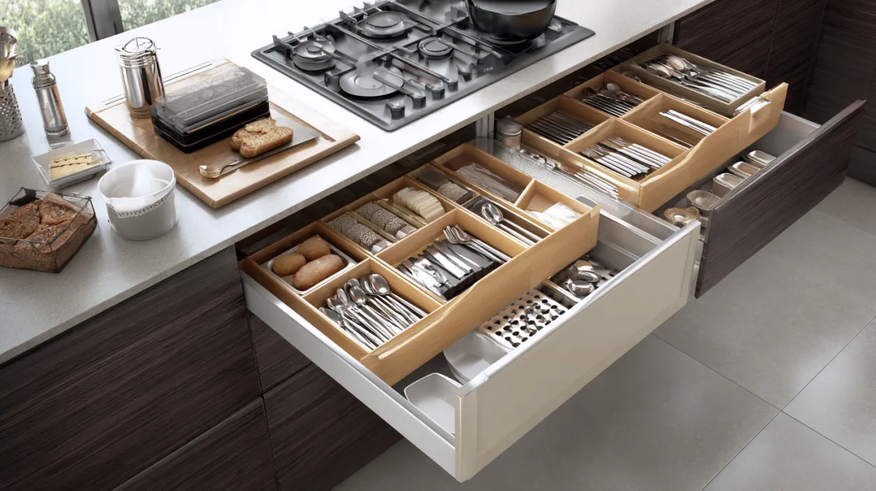 Wooden kitchen drawer organisers for cutlery and tools.