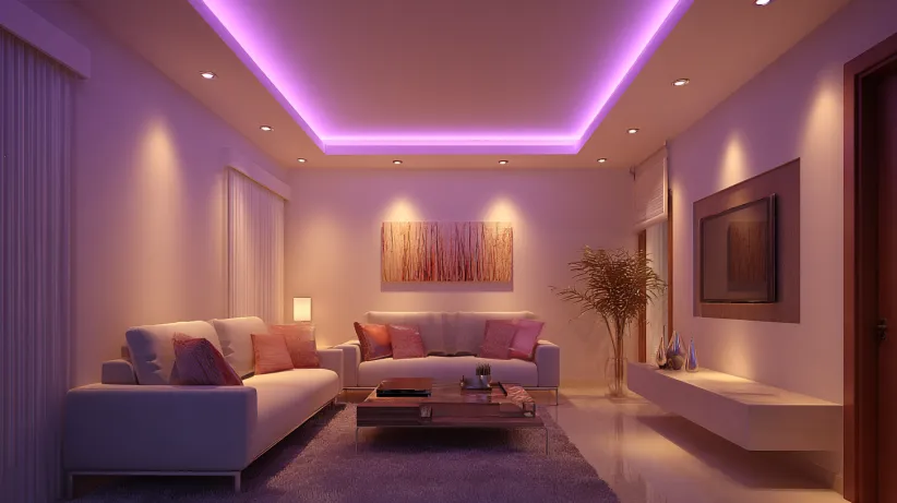 l-shaped false ceiling design creating warm and radiant ambience