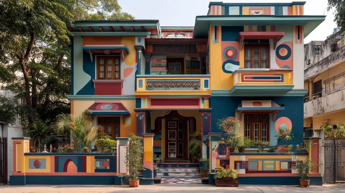 Colorful painted cement colonial facade