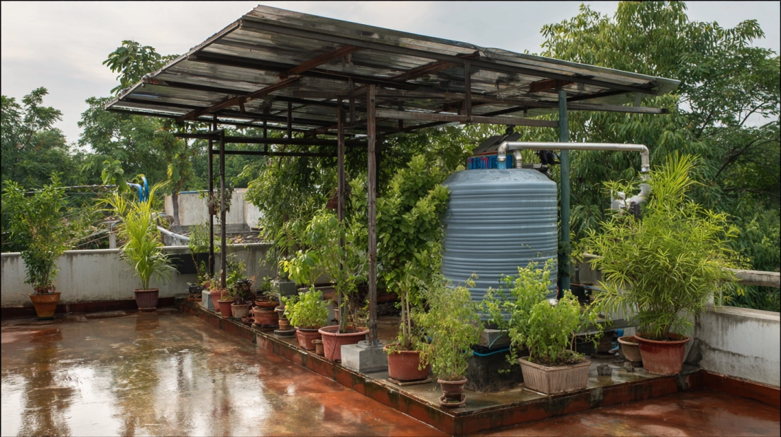 Farmhouse rainwater pipe system with storage setup