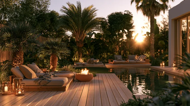 Raised timber deck overlooking a pool