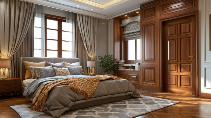 Traditional raised panel wooden bedroom door