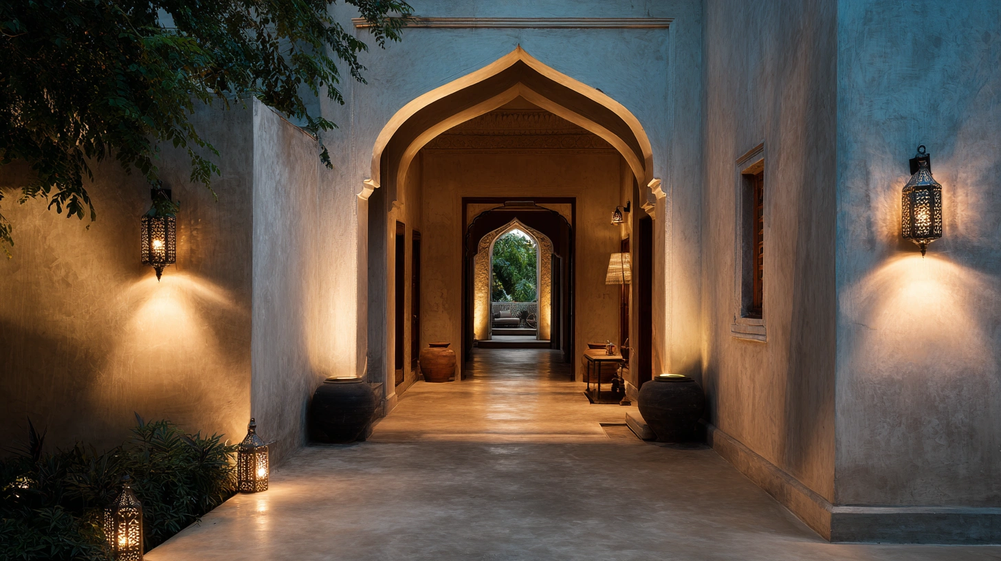 A long, moody hallway with multiple decorative arches