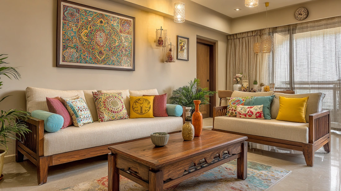 Rajasthani living room with colourful handcrafted décor accents