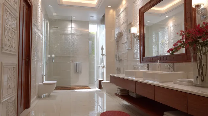 Bright re-do a bathroom space with white carved wall panels.