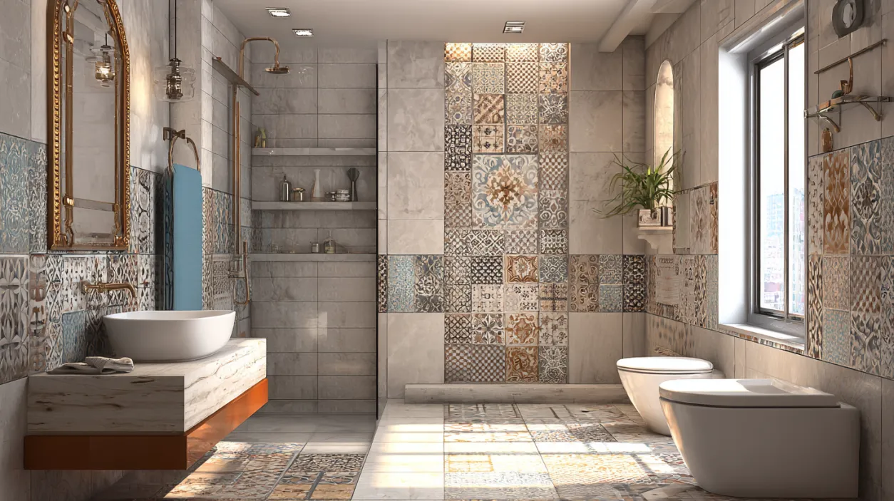 Creative re-tiling tile design with eclectic patterned floor tiles.