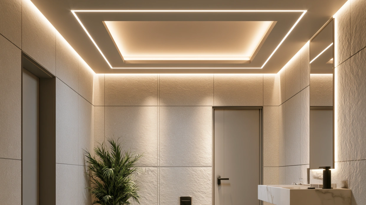 : Bathroom ceiling with recessed LED border lighting