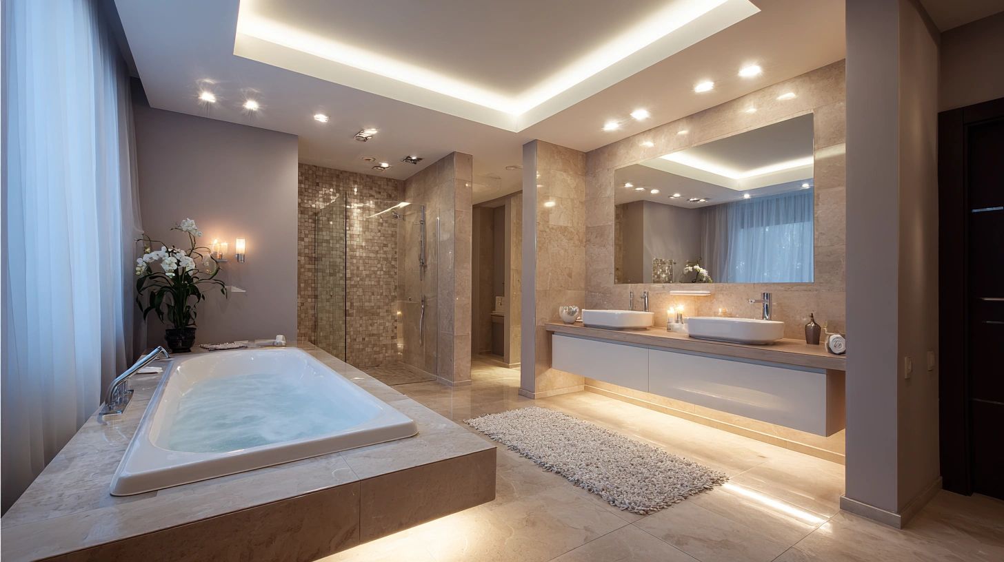 Waterproof recessed spotlights positioned directly over a large bathtub