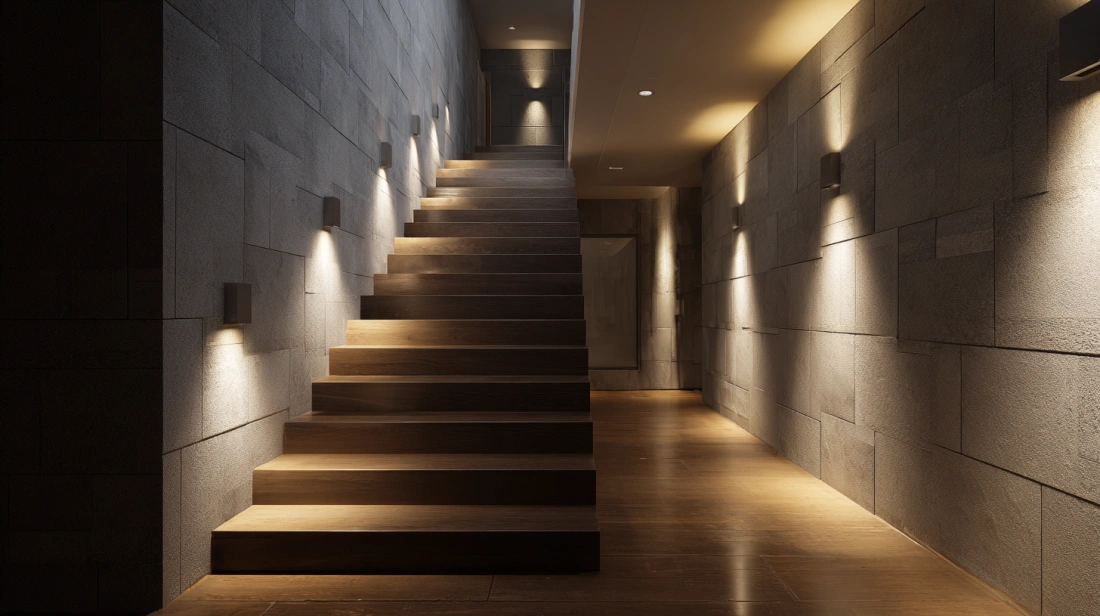 Square recessed lights placed low on the wall near steps
