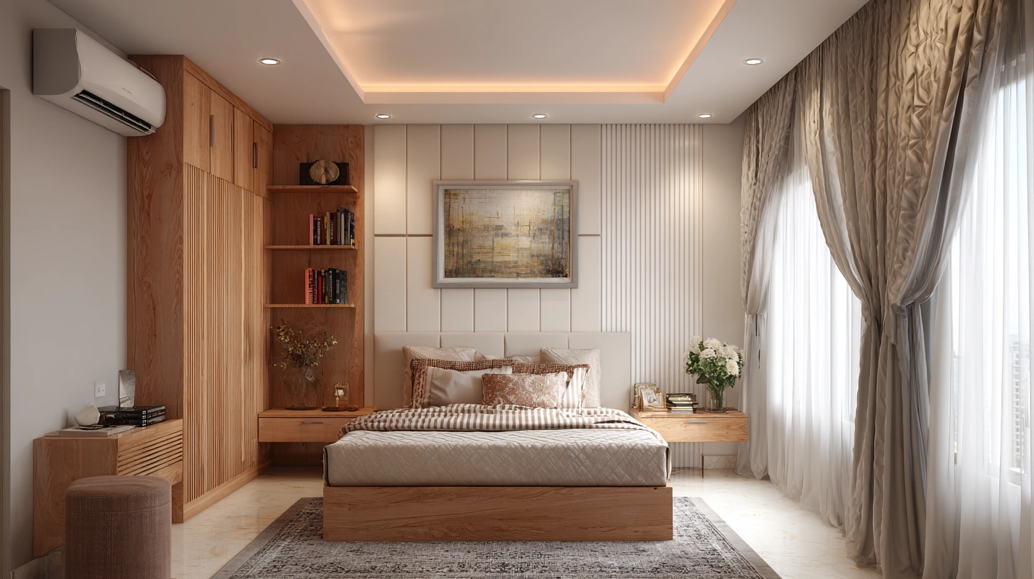 Rectangular block PVC ceiling with edge lights in bedroom