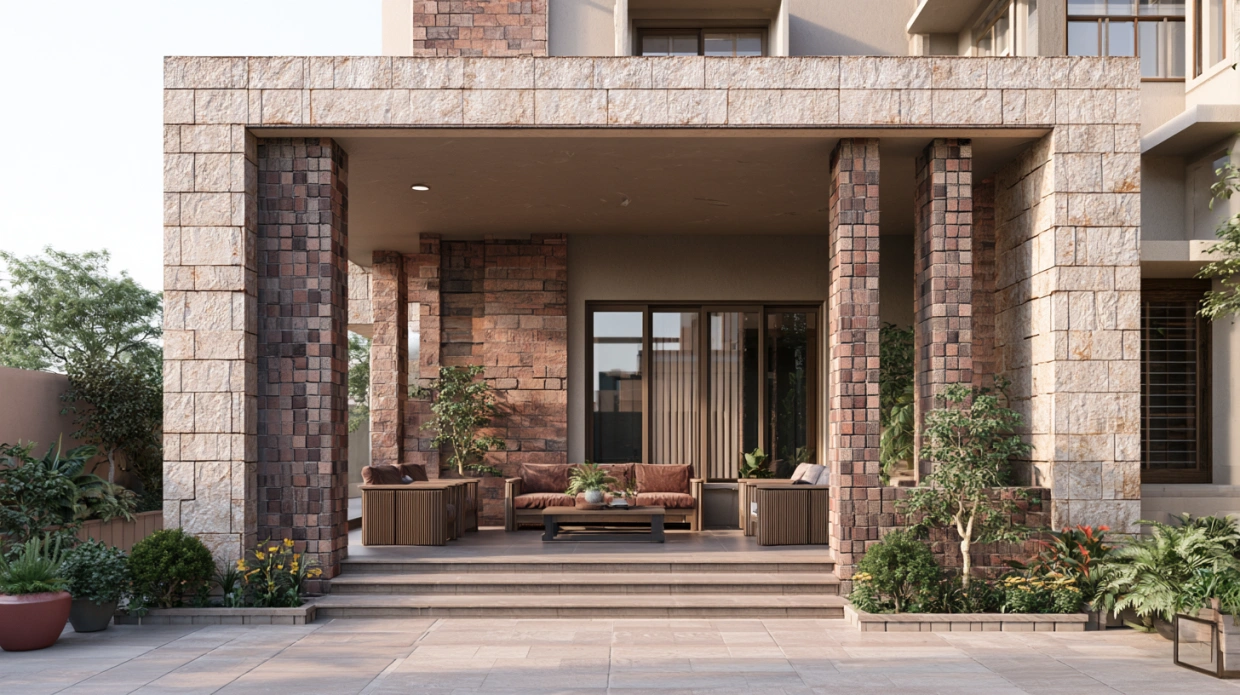 Brick-style granite pillar in farmhouse verandah