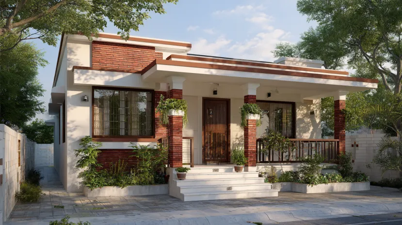 Rectangular white house with red brick pillars and porch