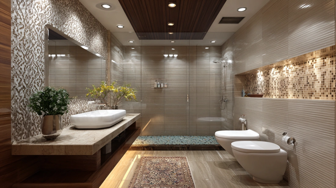 Simple white rectangular recessed panel in bathroom ceiling