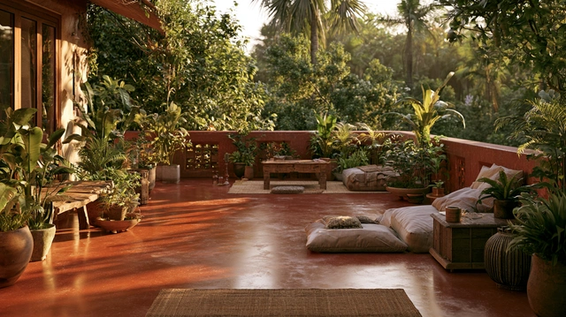 Red oxide flooring on an Indian terrace
