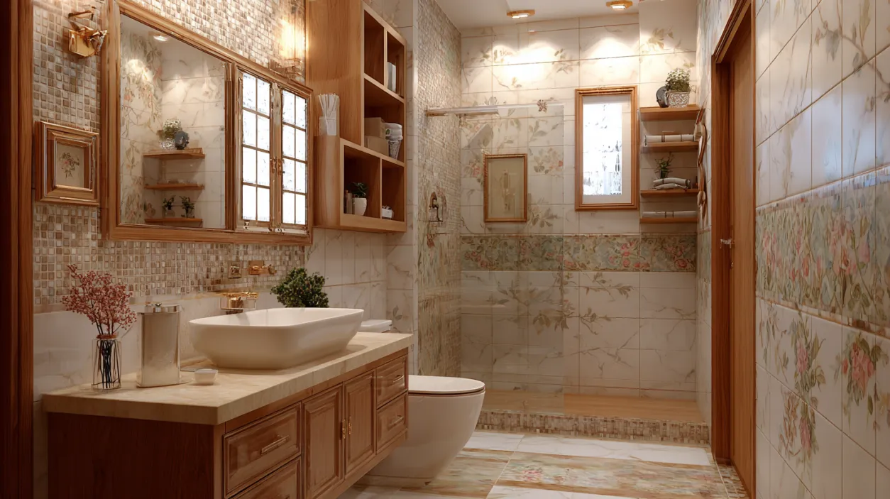 Cozy redoing bathrooms style with floral tiles and wood shelving.