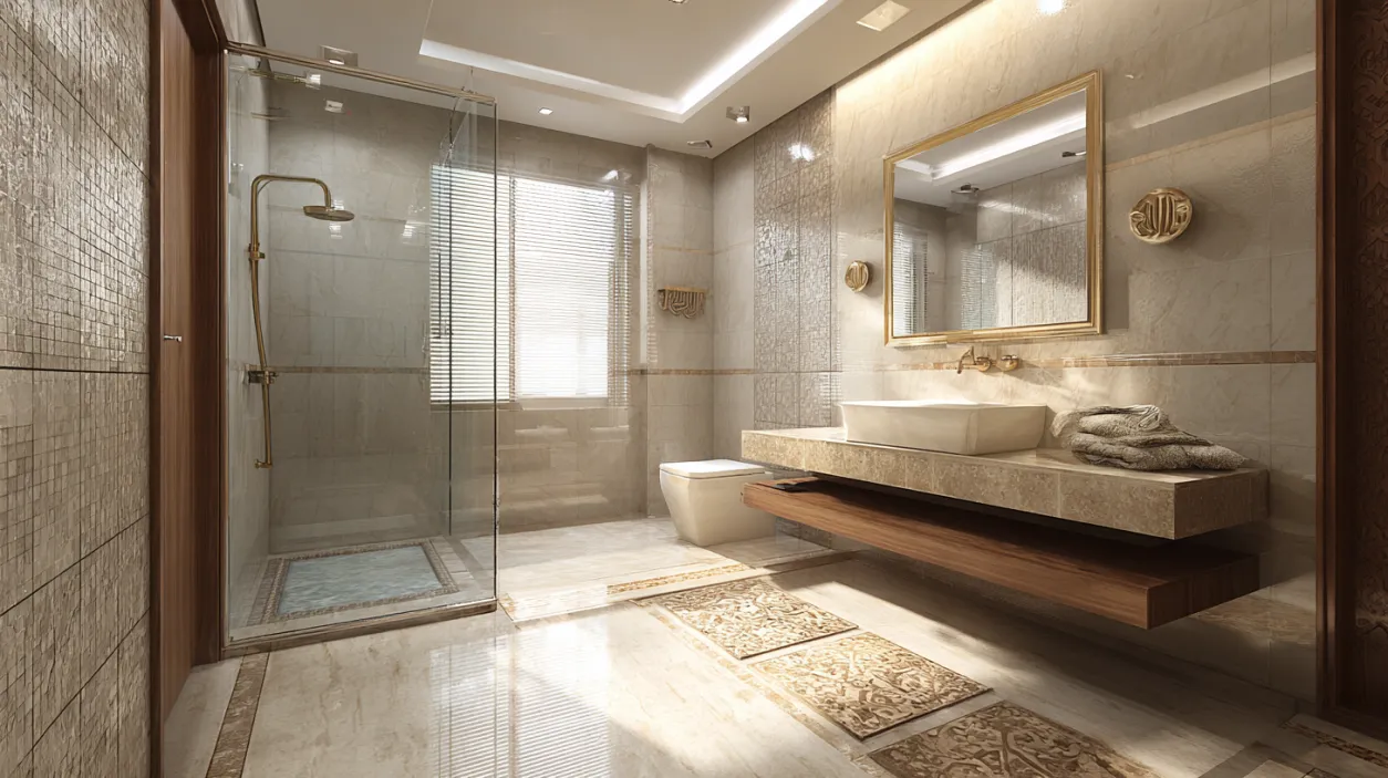 Modern redoing your bathroom design with gold shower and marble.