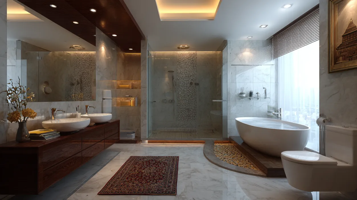 Minimalist redoing bathroom design with dark wood and pebble floor.