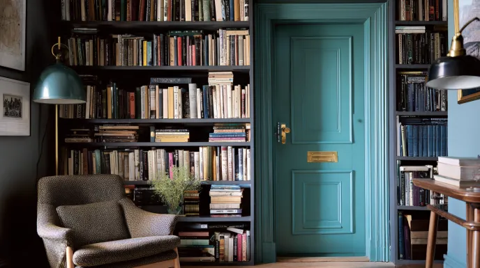 compact nook shelving with teal door in small home library design