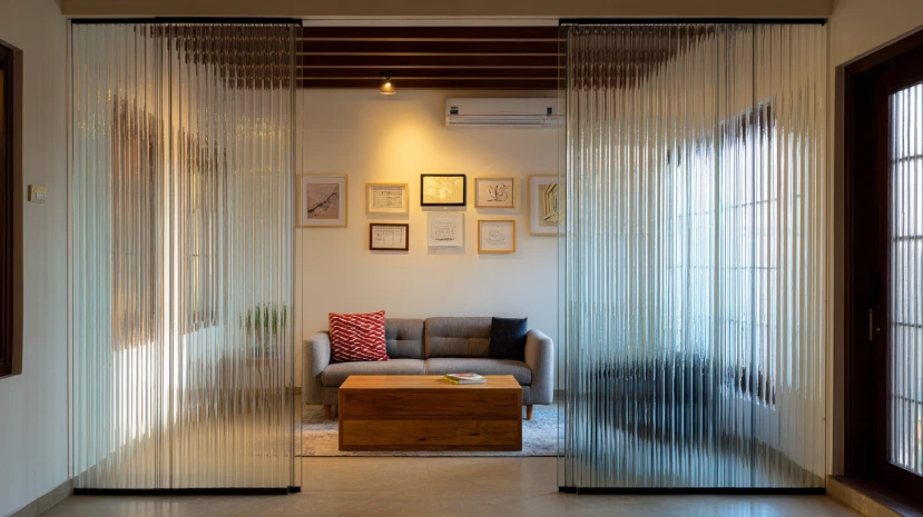 textured reeded glass wall design for living room with soft light