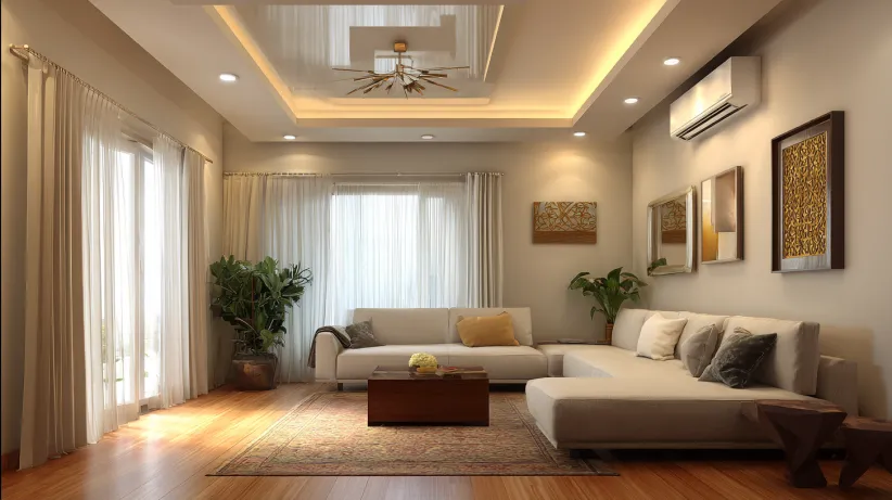 l-shaped false ceiling design reflecting grandeur in every angle