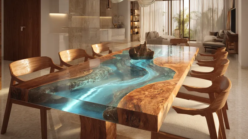 Live edge wooden dining table with a glowing blue epoxy resin river inlay and matching chairs.