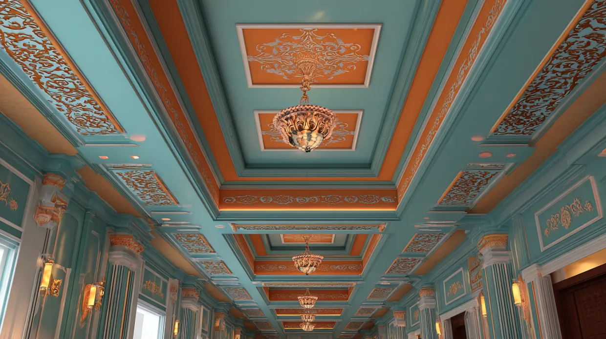 royal l-shaped false ceiling design hall with chandeliers