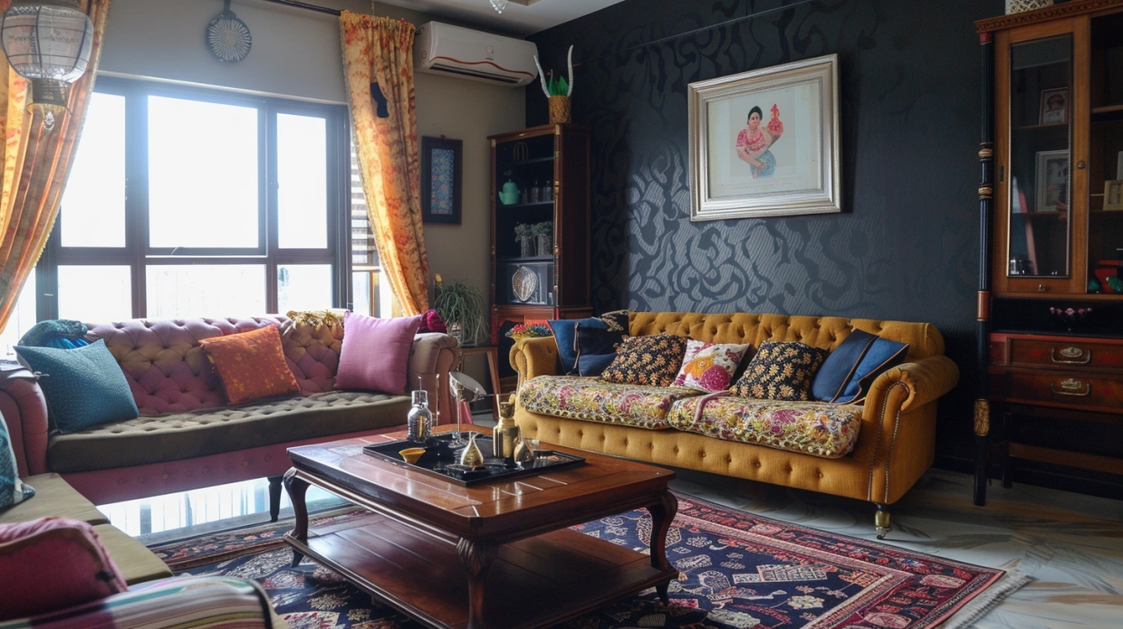 Retro Indian living room with bold colours and vintage furniture