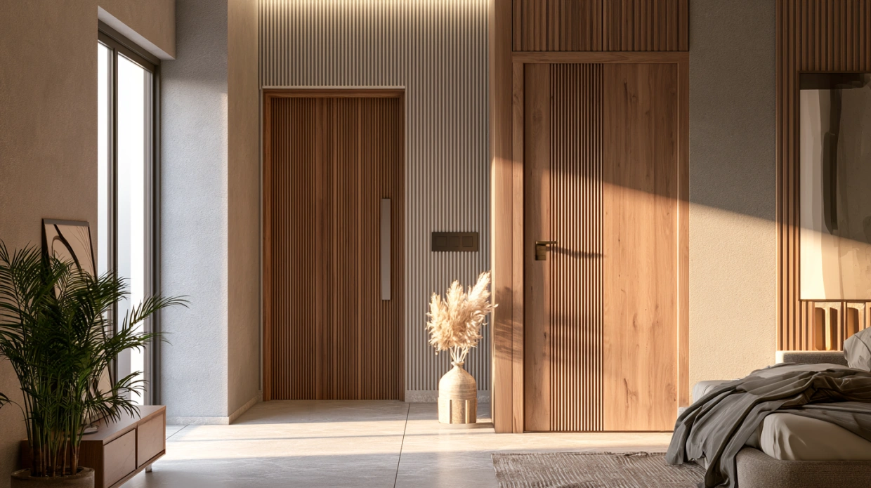 Ribbed panel wooden bedroom door with grooves