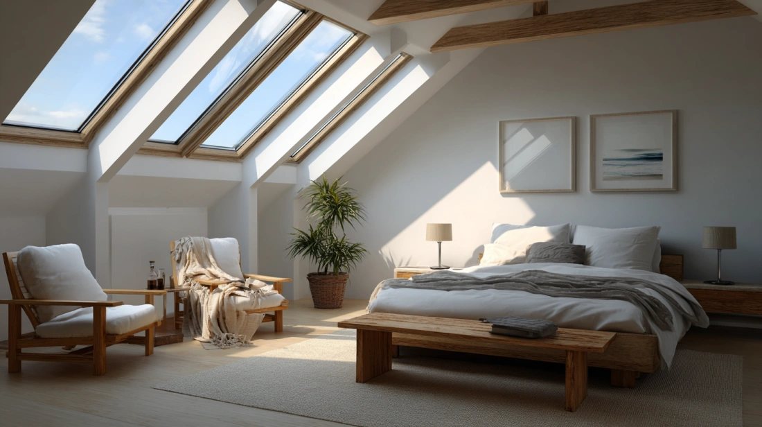 Series of ridge skylights installed on a sloped bedroom ceiling