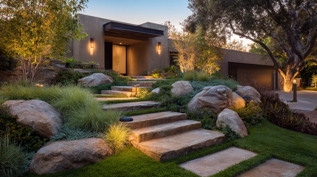 Rocky lawn steps to cement front wall