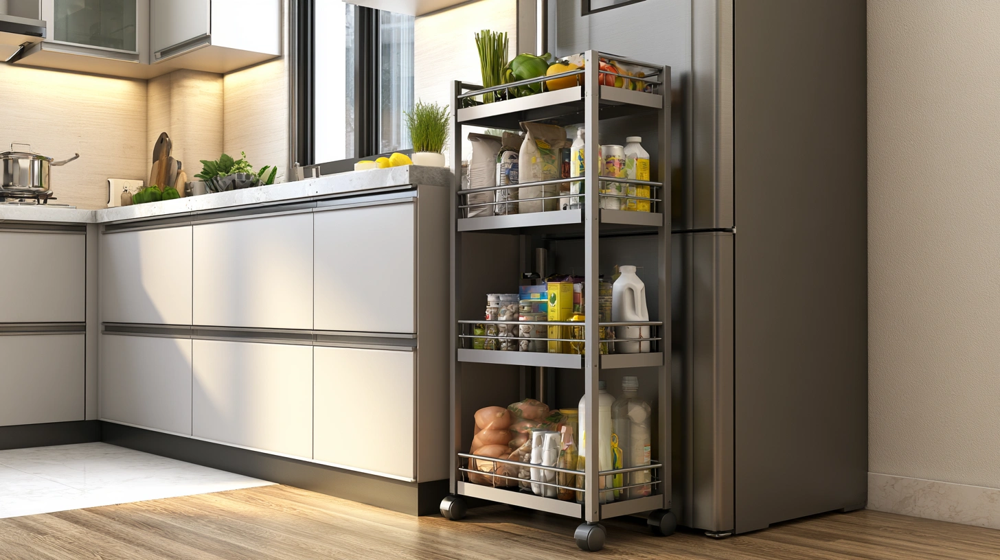 Rolling kitchen storage rack beside refrigerator