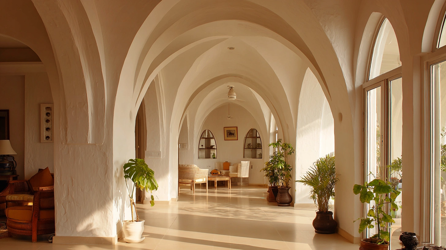 White, smooth plaster ceiling arches define a long room