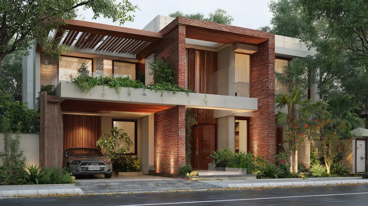 Brick and concrete Indian modern house design