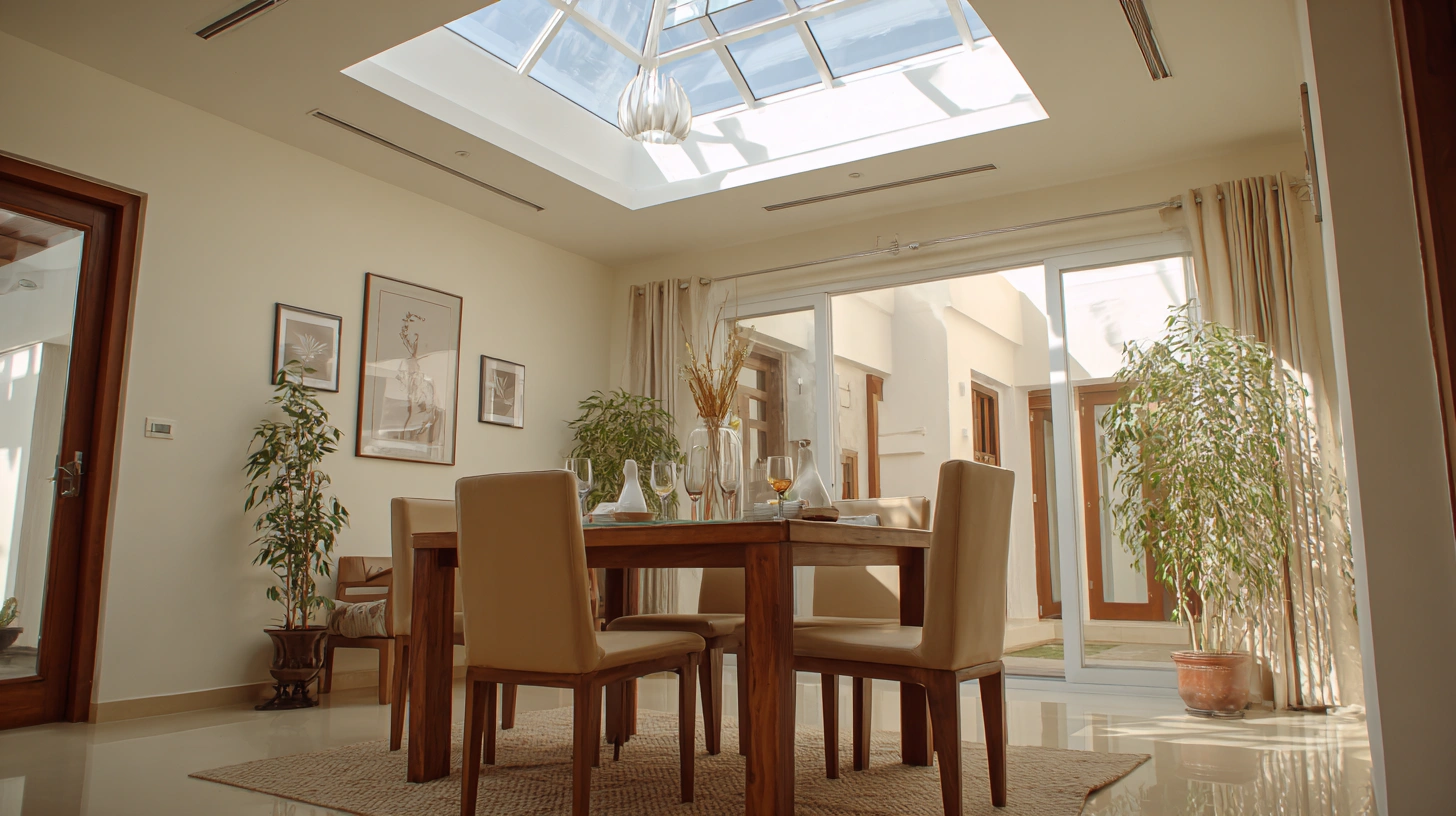 Raised white roof lantern skylight over a dining table