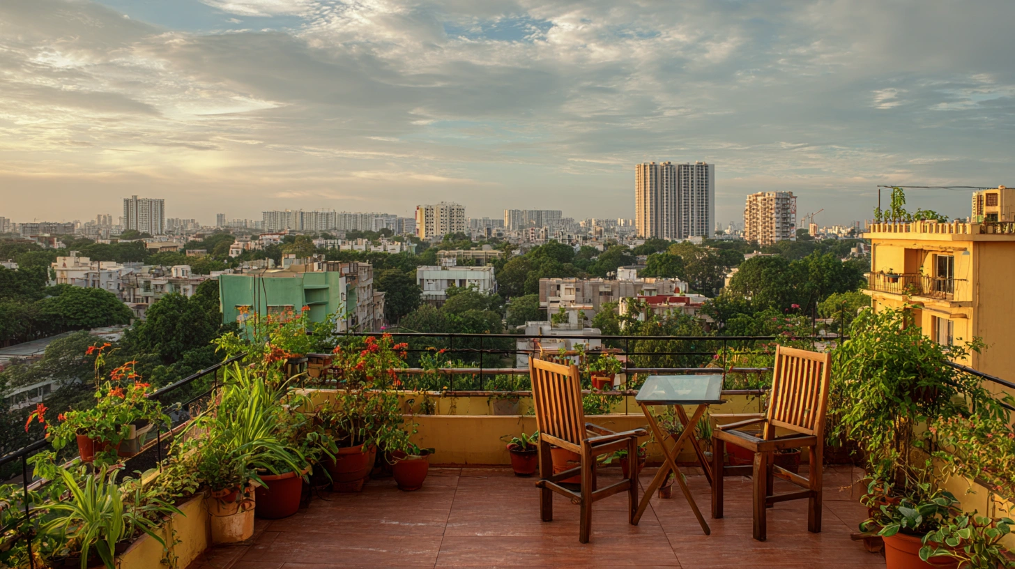 Rooftop sitout with skyline and plants