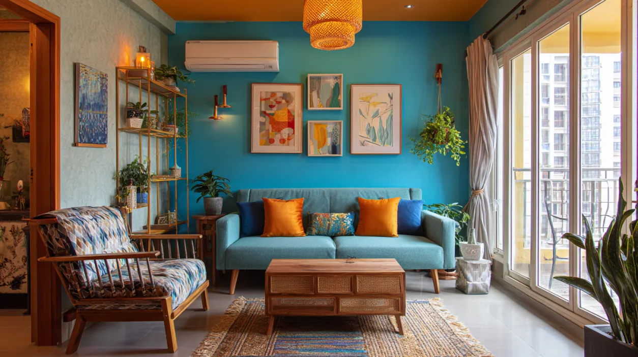 Vibrant teal living room with gallery wall and orange sofa