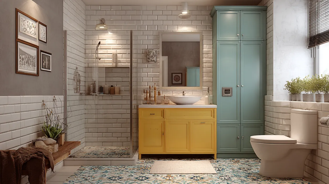 Bright bathroom with yellow vanity and teal storage