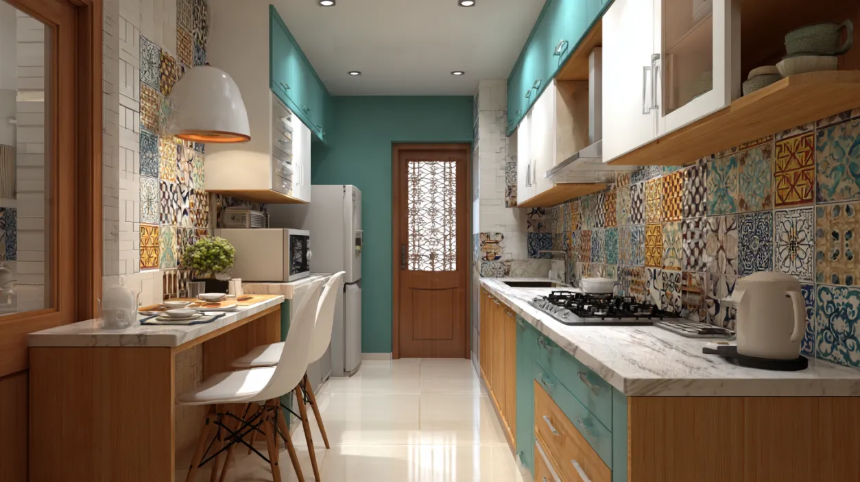 Small modern kitchen with teal cabinets and patterned tile