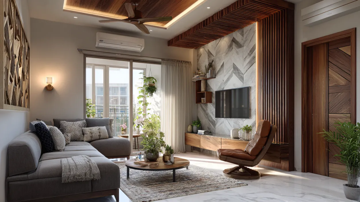 Luxury living room with wood slat wall and marble textures