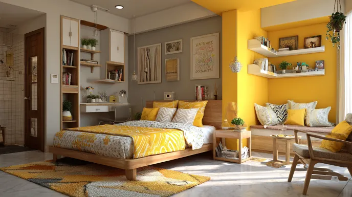 Bright yellow bedroom with built-in desk and nook