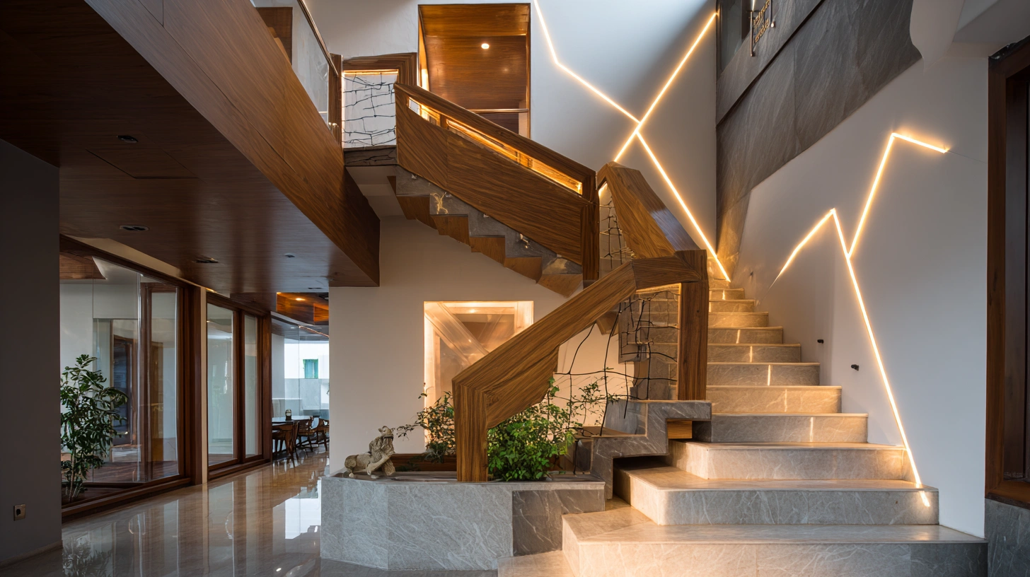Flexible rope lights running along the stair base and railing