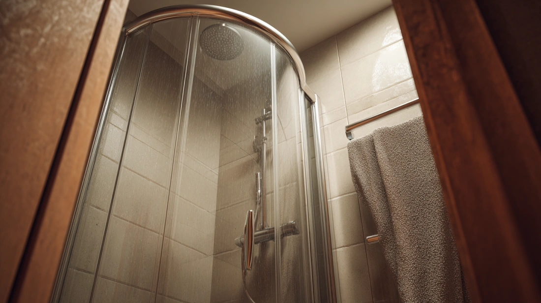 Modern bathroom glass door with a stylish round handle