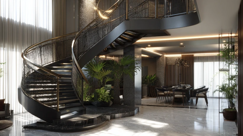 round iron structure featured in modern staircase design