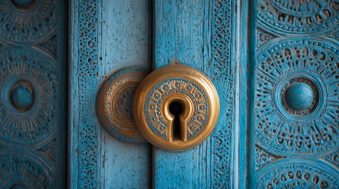 Round keyhole handle on blue door