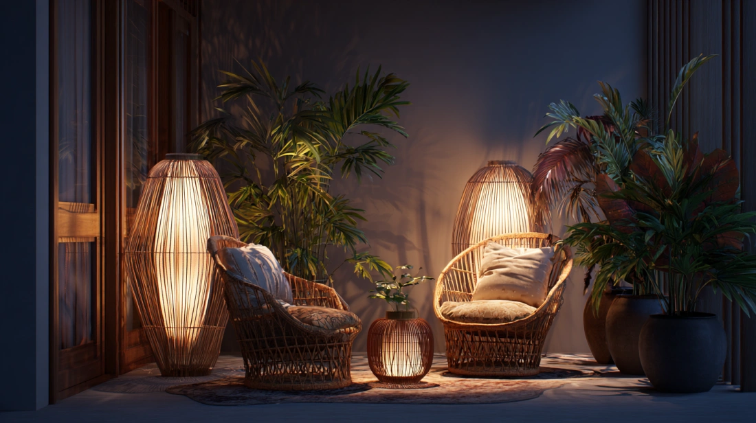 Round lampshades casting soft light on terrace lounge